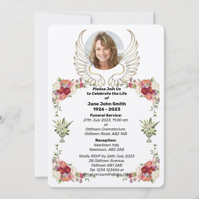 Custom Rose Wings Foto Beerdigung Einladung (Vorderseite)