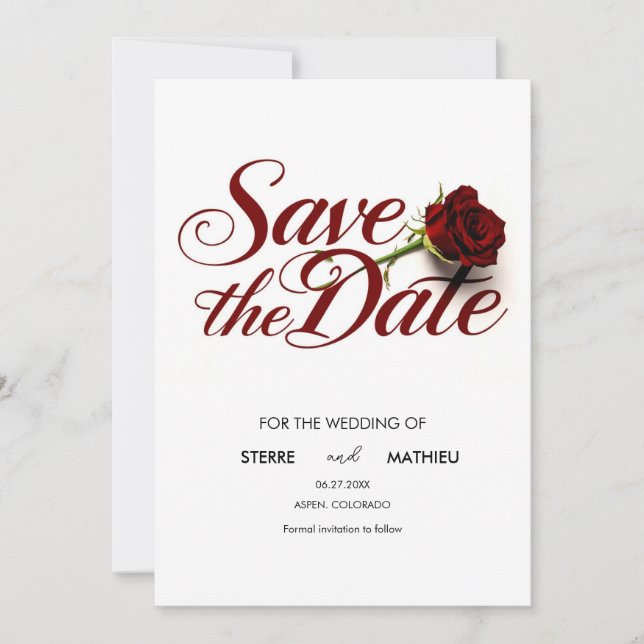 Custom Rote Rose Hochzeit Save The Date (Vorderseite)