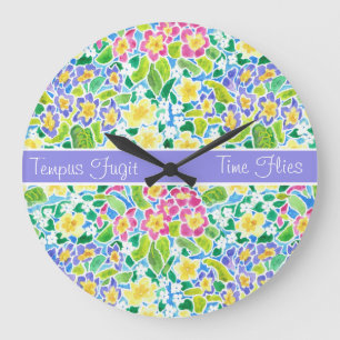 Custom Round Clock, Spring Primroses, Powblau Große Wanduhr
