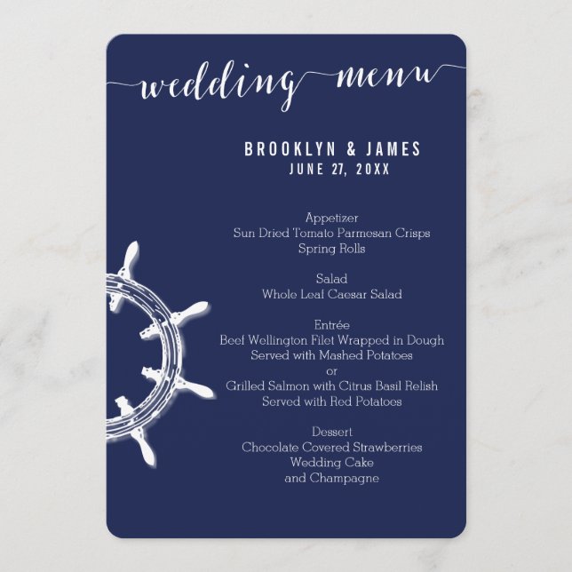 Custom Round Nautical Navy Blue Wedding Menu Wheel Menükarte (Vorderseite)