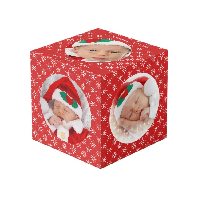 Custom Round Photos Santa Baby Red With Snowflakes Würfel (Vorderseite Schrägansicht)