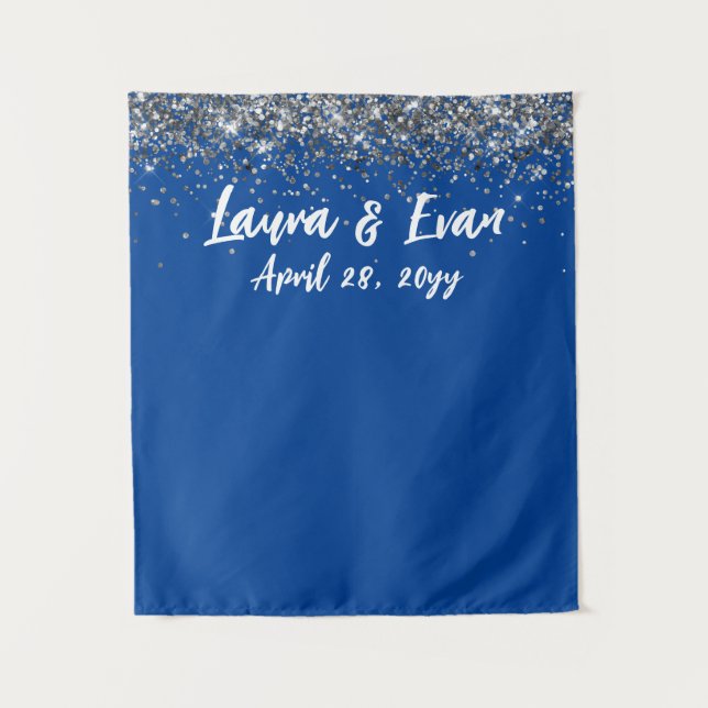 Custom Royal Blue Silver Wedding Foto Booth Prop Wandteppich (Vorderseite)