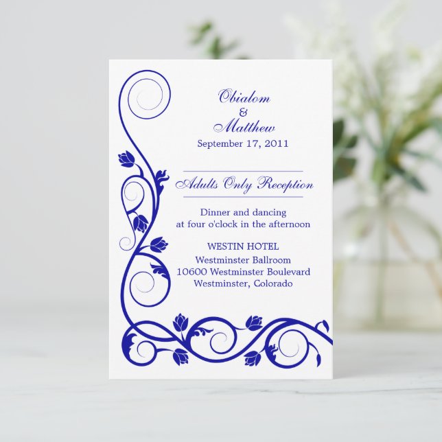 Custom Royal Blue Wirbel Empfang Cards Einladung (Stehend Vorderseite)
