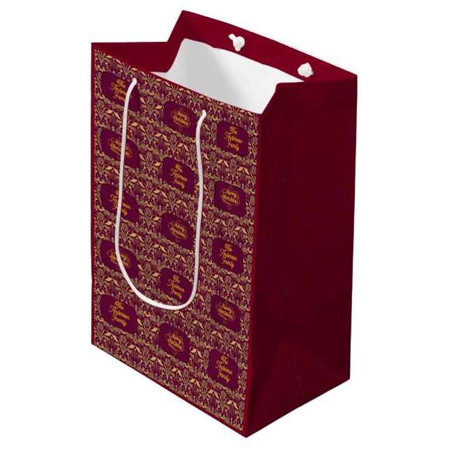 Custom Royal Burgundy & Gold Ornate Luxury  Mittlere Geschenktüte (Vorderseite Schrägansicht)