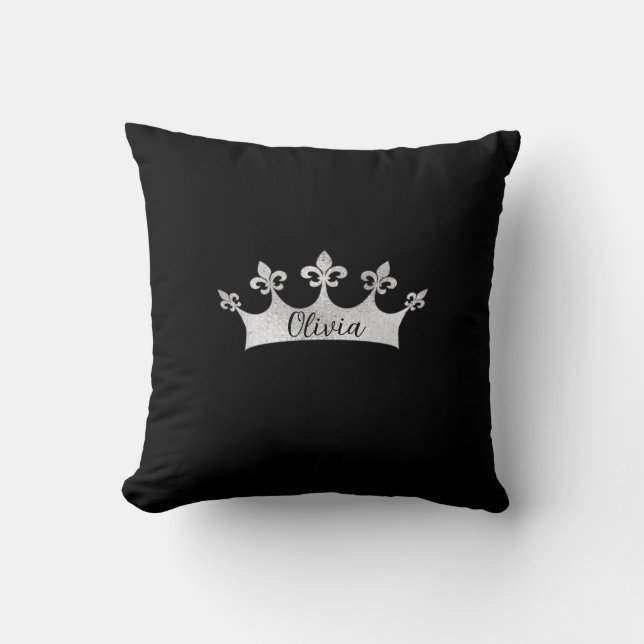 Custom Royal Silver Crown on Black Throw Pillow Kissen (Vorderseite)