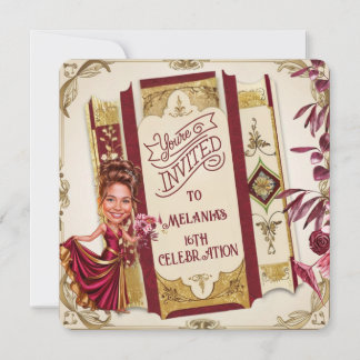 Custom Ruby Red and gold Sweet 16 Karikatur Einladung