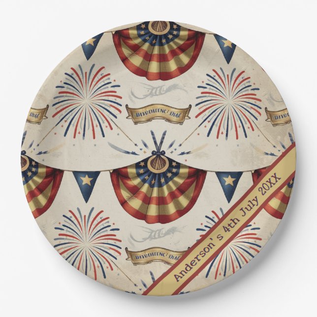 Custom Rustic Flag Fireworks 4. Juli Pappteller (Vorderseite)