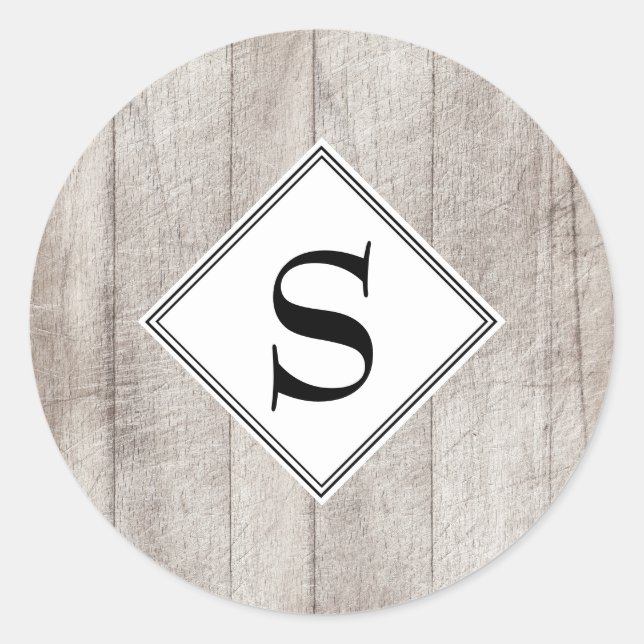 Custom Rustic Grey Wood Monogram Umschlag Aufklebe Runder Aufkleber (Vorderseite)