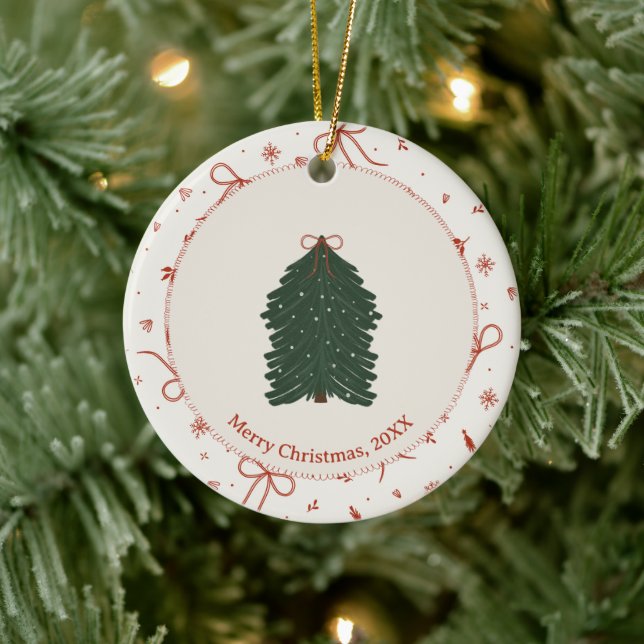 Custom Rustic Pine Tree Red Green Keramik Ornament (Baum)