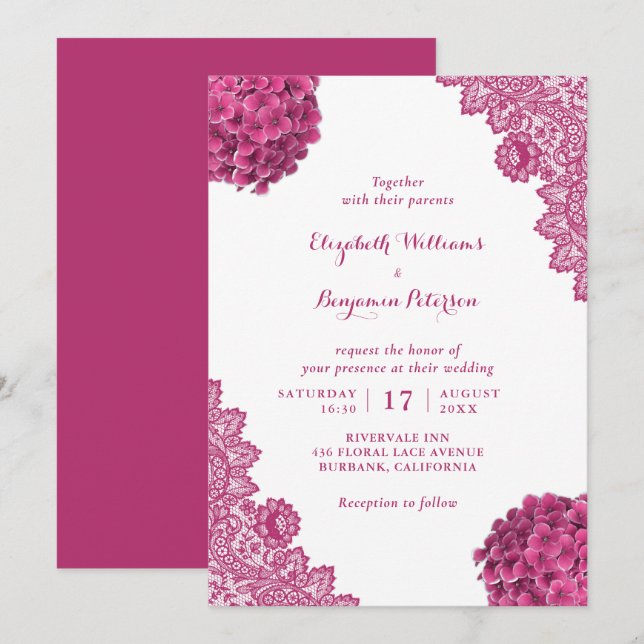 Custom Rustic Pink Hydrangea Bloral Lace Wedding Einladung (Vorne/Hinten)