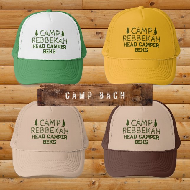 Custom Rustic Retro Camp Bachelorette Green Truckerkappe (Camp Bach Personalized Trucker Hats with Forest Green)