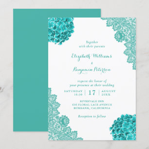 Custom Rustic Türkise Hydrangea Spitzen Hochzeit Einladung