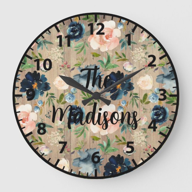 Custom Rustic Wood Blume Elegant Navy Blue Pink Große Wanduhr (Vorderseite)