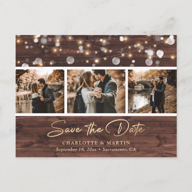 Custom Rustic Wood Wedding 3 Foto Save the Date Ankündigungspostkarte (Vorderseite)