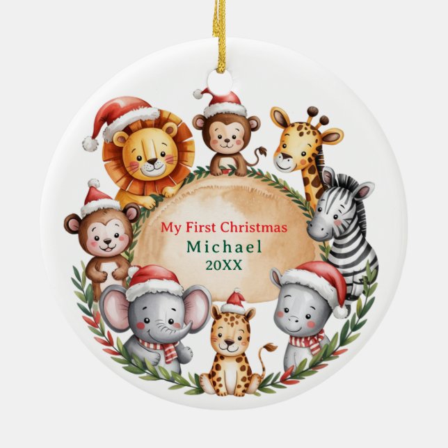 Custom Safari Animals Baby 1st First Christmas Keramik Ornament (Hinten)