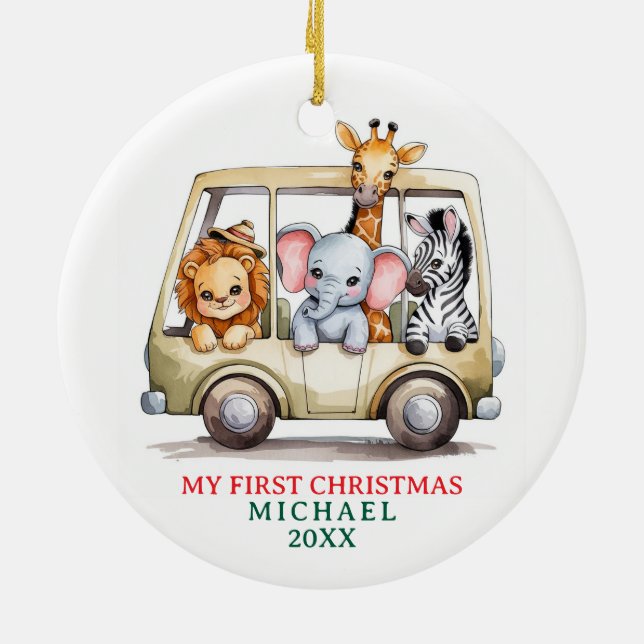 Custom Safari Animals Baby 1st First Christmas Keramik Ornament (Hinten)