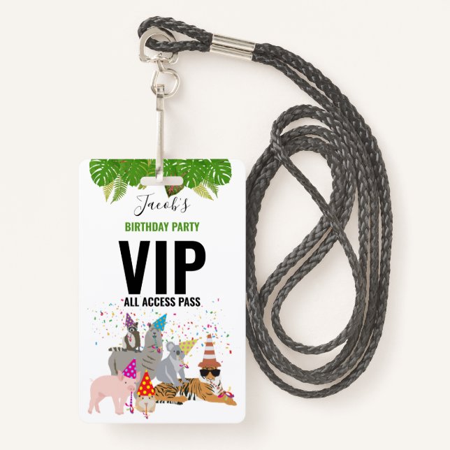Custom Safari Jungle Zoo Birthday Party Pass Gefal Ausweis (Vorderseite mit Schlüsselband)