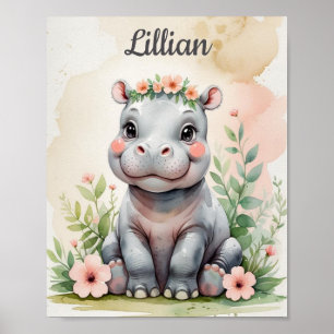 Custom Safari Watercolor Baby Hippo Girls Kinderzi Poster