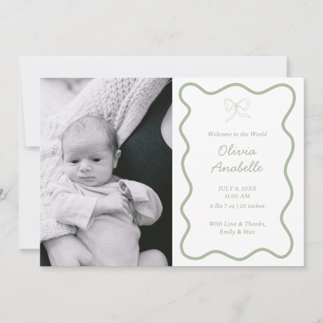 Custom Sage Green Bow Wavy Boho Collage Baby Birth Ankündigung (Vorderseite)