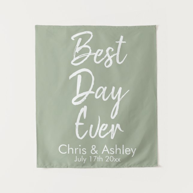 Custom Sage Green Weddrop Best Day Wandteppich (Vorderseite)