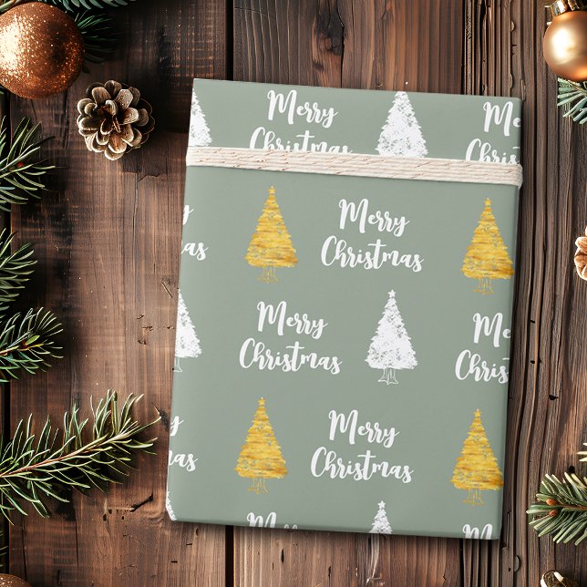 Custom Sage Green White Golden Christmas Tree Geschenkpapier (Von Creator hochgeladen)
