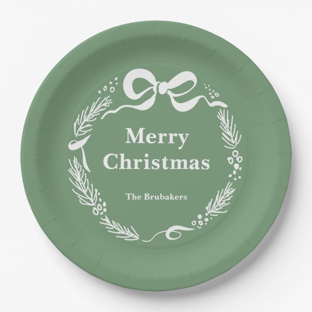 Custom Sage Modern Hand Drawn Bow Merry Christmas Pappteller (Vorderseite)