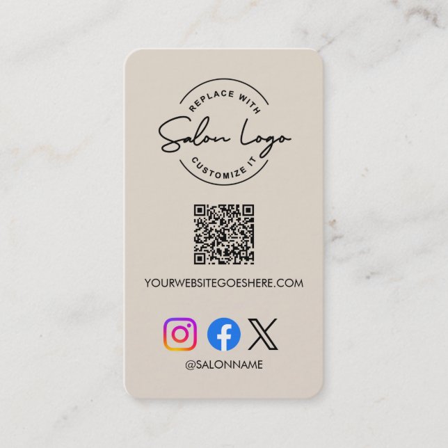 Custom Salon Logo QR Code Social Media Marketing  Visitenkarte (Vorderseite)