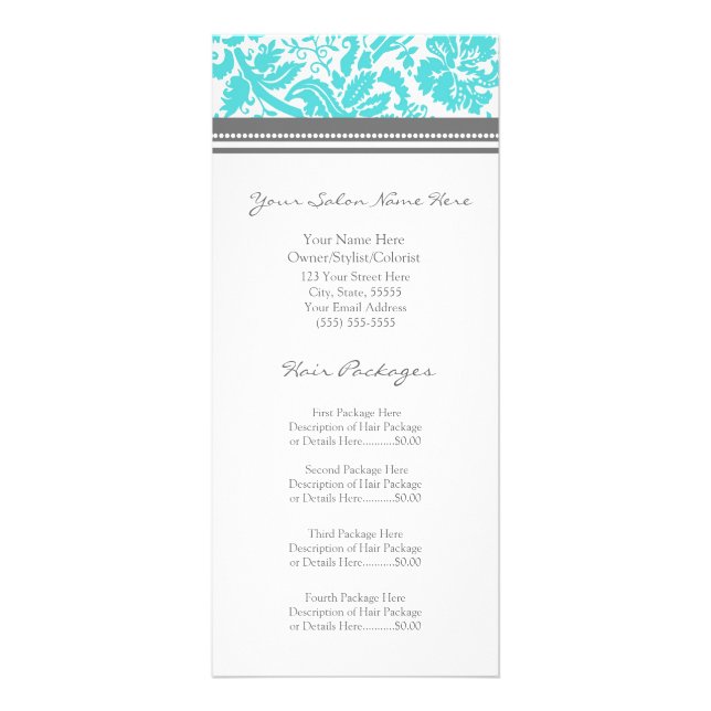 Custom Salon Rack Cards Aqua Gray Damask Werbekarte (Vorne)