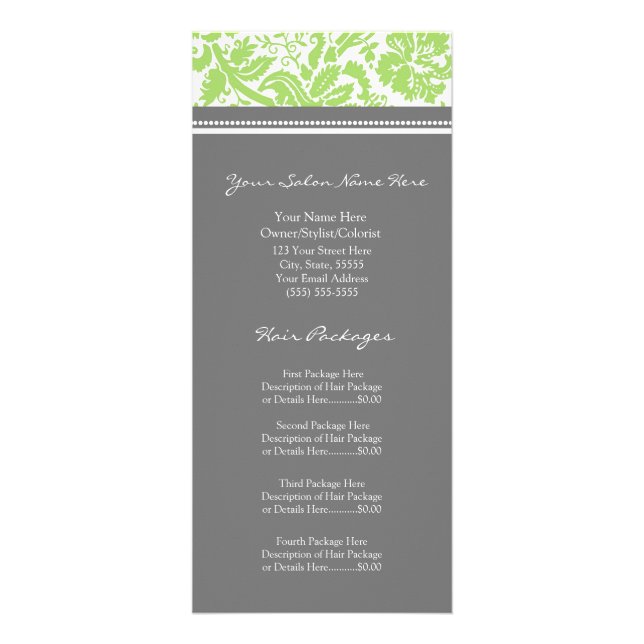 Custom Salon Rack Cards Limon Grau Damask Werbekarte (Vorne)
