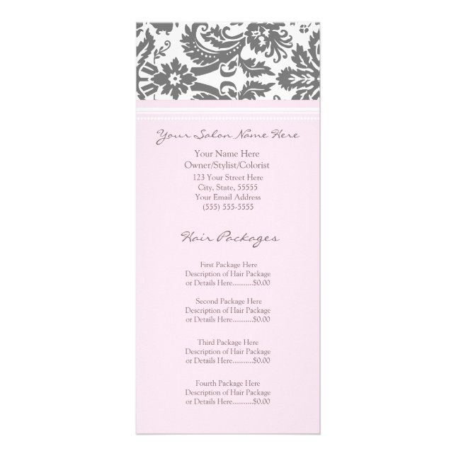 Custom Salon Rack Cards Pink Grau Damask Werbekarte (Vorne)