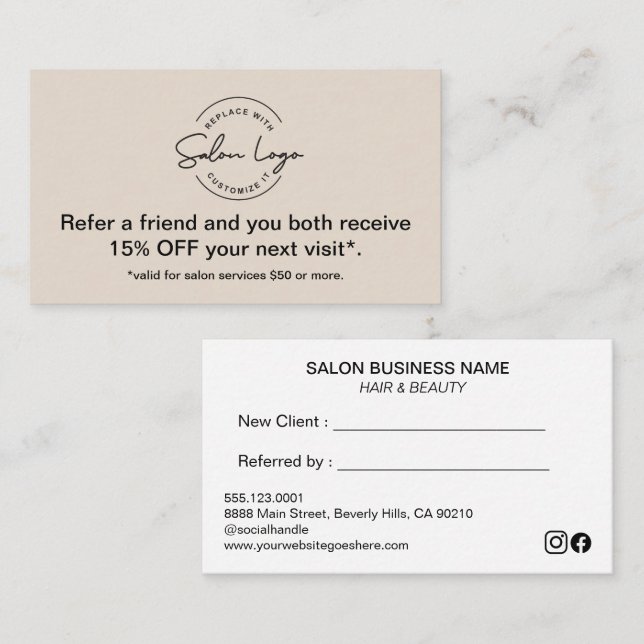 Custom Salon Referral Discount Card Refer a Friend Treuekarte (Vorne/Hinten)