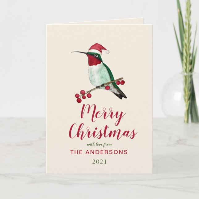 Custom Santa Hummingbird Holiday Card Feiertagskarte (Vorderseite)