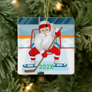 Custom Santa Playing Hockey Keramikornament