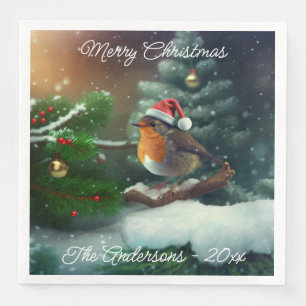 Custom Santa Robin auf einem Weihnachtsbaum Napkin Serviette