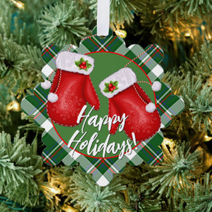 Custom Santas Mittens auf Red Green Kariert Patter Ornament Karte
