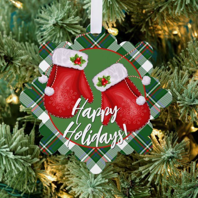 Custom Santas Mittens auf Red Green Kariert Patter Ornament Karte (Insitu (Baum))