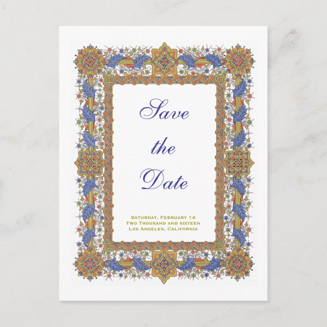 Custom Save the Date Barock Blue Gold Postcard Ankündigungspostkarte (Vorderseite)
