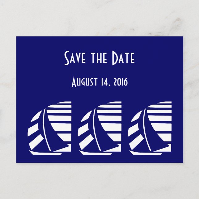 Custom Save the Date Blue White Sailboote Postcard Ankündigungspostkarte (Vorderseite)
