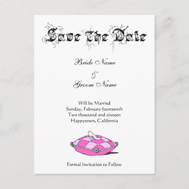 Custom Save the Date Cinderella Slipper auf rosa Ankündigungspostkarte (Vorderseite)