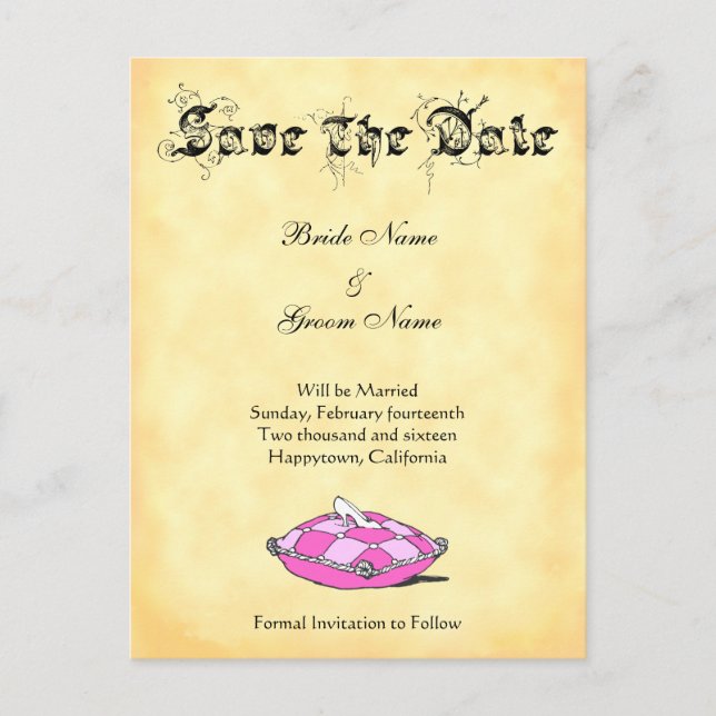 Custom Save the Date Cinderella Slipper auf rosa Ankündigungspostkarte (Vorderseite)