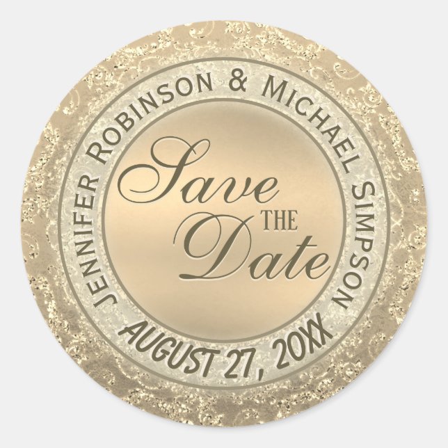 Custom Save the Date Gold Glam Siegel Runder Aufkleber (Vorderseite)
