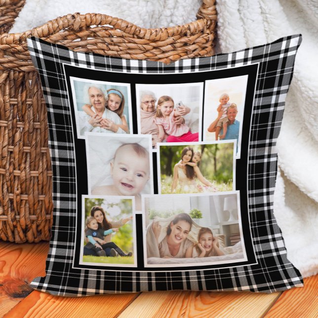 Custom Schwarz-weiß Buffalo Karo Tartan 7 Foto Kissen (Black and white buffalo plaid checkered 7-photo decorator pillow. Printed on both sides.)
