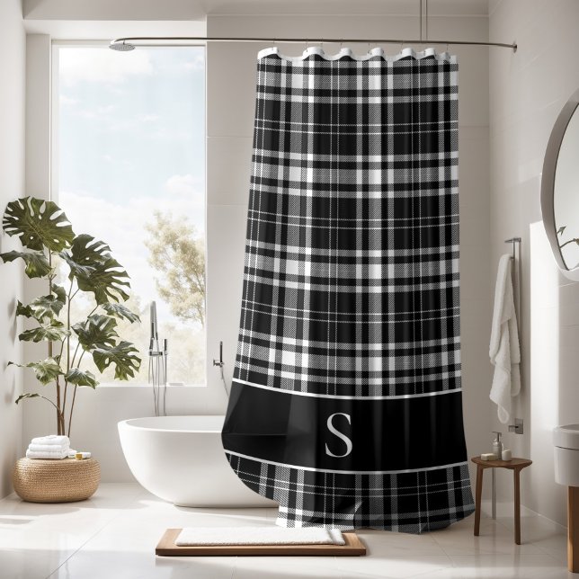 Custom Schwarz-weiß Buffalo Karo Tartan Monogram Duschvorhang (Black and white checkered monogram shower curtain)