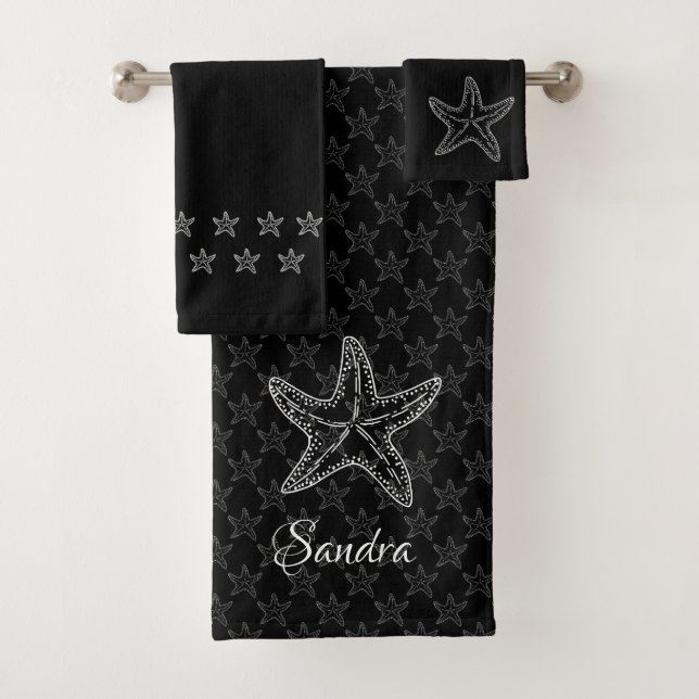 Custom Schwarz-weiß Chic Beach House Starfish Badhandtuch Set (Insitu)