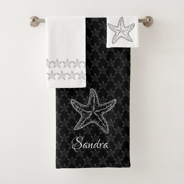 Custom Schwarz-weiß Chic Beach House Starfish Bath Badhandtuch Set (Insitu)