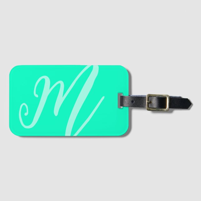 Custom Script Monogram Name Modern Neon Aqua Blue Gepäckanhänger (Vorderseite (Horizontal))