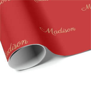 Custom Script Name gold crimson red Birthday   Geschenkpapier