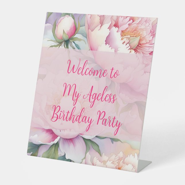 Custom Script Pink Peony Floral Party Sockelschild (Vorderseite)