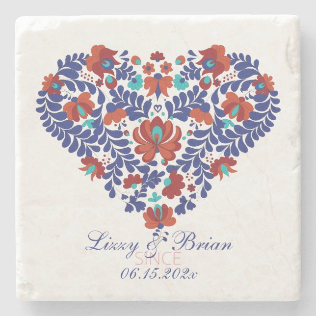 Custom Script Ungarisch Matyo Folk Abstrakt Heart Steinuntersetzer (Vorderseite)