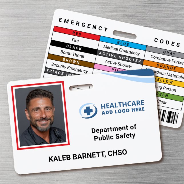 Custom Security Hospital Employee Photo ID Badge Ausweis (Double-sided photo ID badge with custom emergency codes and barcode image)